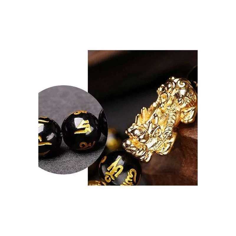 BRACELET OBSIDIENNE NOIR FENG SHUI PIXIU AVEC GRAVURE DU MANTRA MANI - "RICHESSE" - Magie Kali - Boutique ésotérique, spiritism