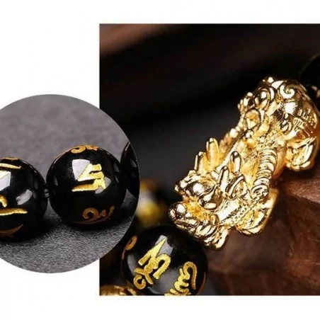 BRACELET OBSIDIENNE NOIR FENG SHUI PIXIU AVEC GRAVURE DU MANTRA MANI - "RICHESSE" - Magie Kali - Boutique ésotérique, spiritism