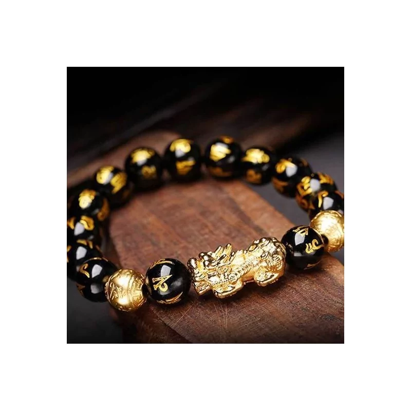 BRACELET OBSIDIENNE NOIR FENG SHUI PIXIU AVEC GRAVURE DU MANTRA MANI - "RICHESSE" - Magie Kali - Boutique ésotérique, spiritism