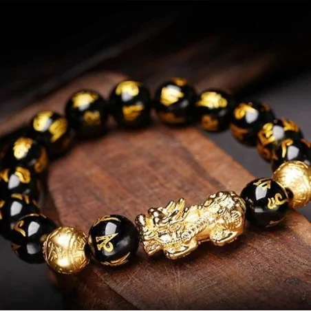 BRACELET OBSIDIENNE NOIR FENG SHUI PIXIU AVEC GRAVURE DU MANTRA MANI - "RICHESSE" - Magie Kali - Boutique ésotérique, spiritism