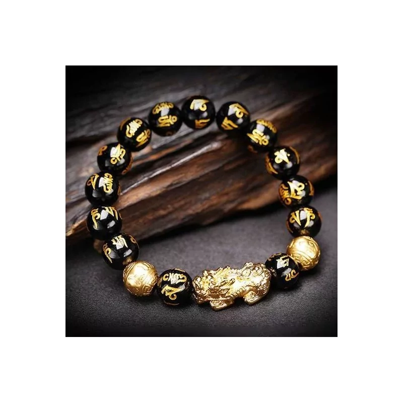BRACELET OBSIDIENNE NOIR FENG SHUI PIXIU AVEC GRAVURE DU MANTRA MANI - "RICHESSE" - Magie Kali - Boutique ésotérique, spiritism