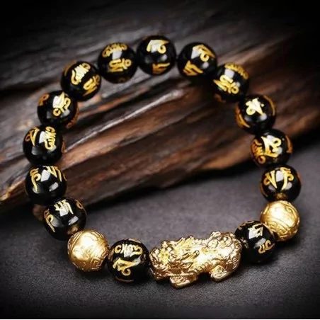 BRACELET OBSIDIENNE NOIR FENG SHUI PIXIU AVEC GRAVURE DU MANTRA MANI - "RICHESSE" - Magie Kali - Boutique ésotérique, spiritism